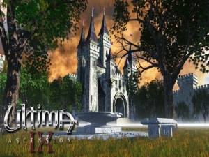 The loading screen, showing a castle with a large garden